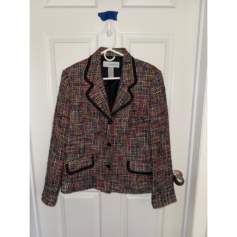 Sag Harbor Womens Multi Color Tweed Blazer Jacket Black Braided Trim Rainbow 12